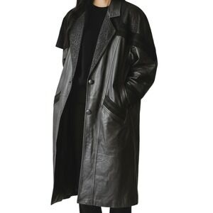 JF Leather Trench Coat Womens Medium Black VTG Retro 90s Lace Trim Western